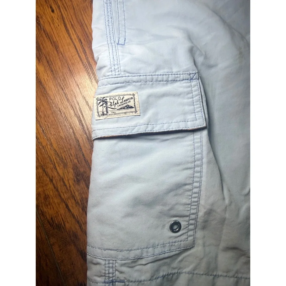 Polo Ralph Lauren Mens Swim Trunks Light Blue Orange Pony Cargo Board Shorts M